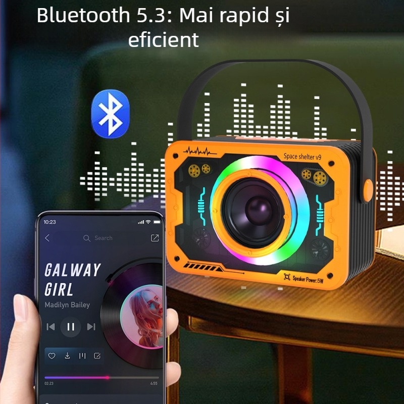 Difuzor Bluetooth V9 – Difuzor desktop portabil cu subwoofer și lumină ambientală, 5W, baterie încorporată 1000–1200mAh, Bluetooth 5.3, 100Hz–20kHz, SNR ≥70dB