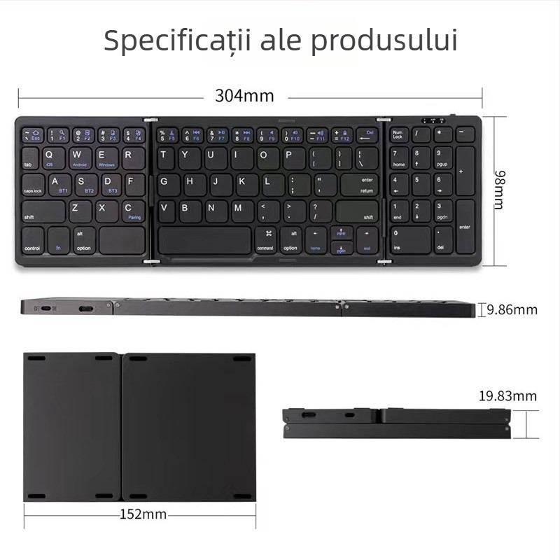 Tastatură Bluetooth pliabilă cu pad numeric, 81 de taste, silențioasă, ABS plastic, conectare până la 3 dispozitive