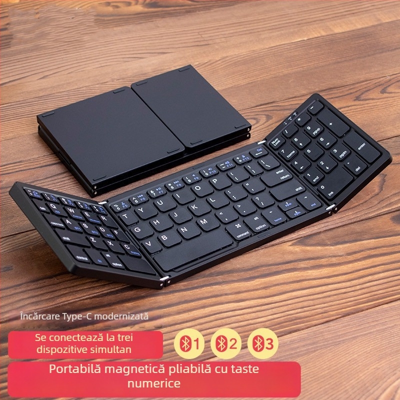 Tastatură Bluetooth pliabilă cu pad numeric, 81 de taste, silențioasă, ABS plastic, conectare până la 3 dispozitive