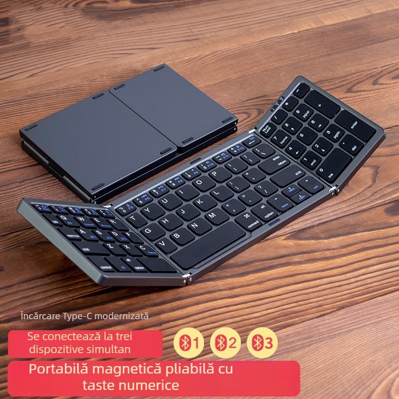 Tastatură Bluetooth pliabilă cu pad numeric, 81 de taste, silențioasă, ABS plastic, conectare până la 3 dispozitive