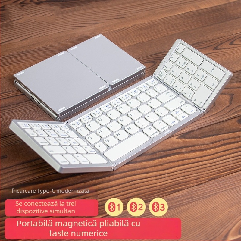 Tastatură Bluetooth pliabilă cu pad numeric, 81 de taste, silențioasă, ABS plastic, conectare până la 3 dispozitive