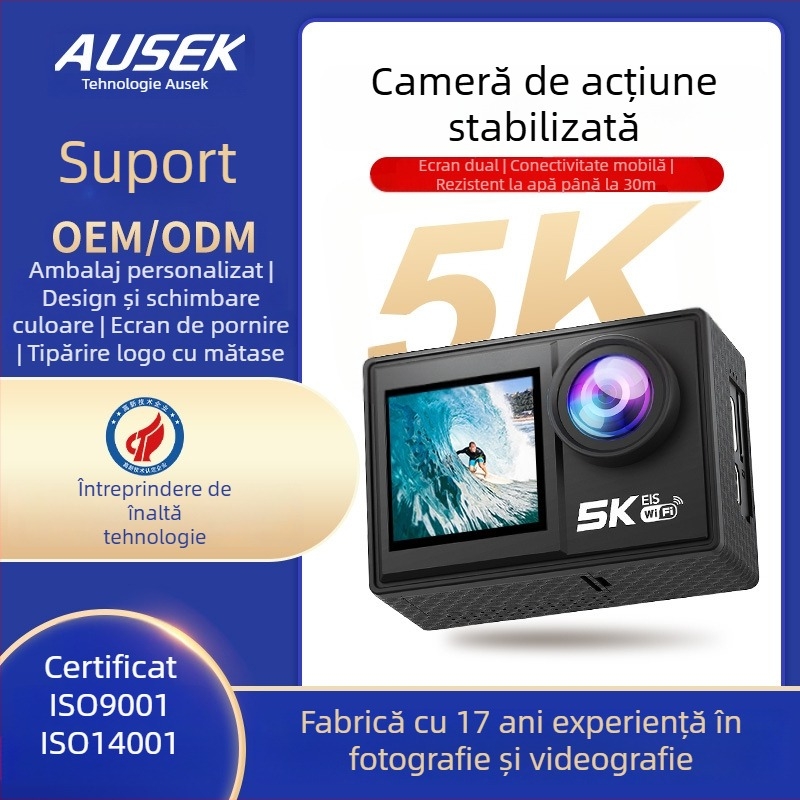 Cameră de acțiune 5K cu ecran dual, EIS, impermeabilă, WiFi