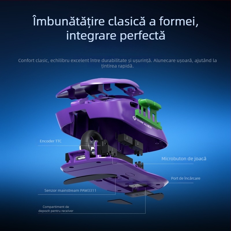 Mouse RGB pentru jocuri cu senzor PAW3311, 5600dpi, conectivitate Bluetooth/USB, rază de 10m, greutate 54g, cablu de încărcare de 1,2m inclus