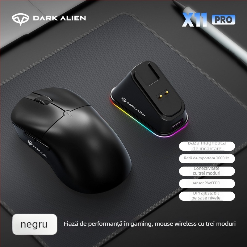 Mouse RGB pentru jocuri cu senzor PAW3311, 5600dpi, conectivitate Bluetooth/USB, rază de 10m, greutate 54g, cablu de încărcare de 1,2m inclus