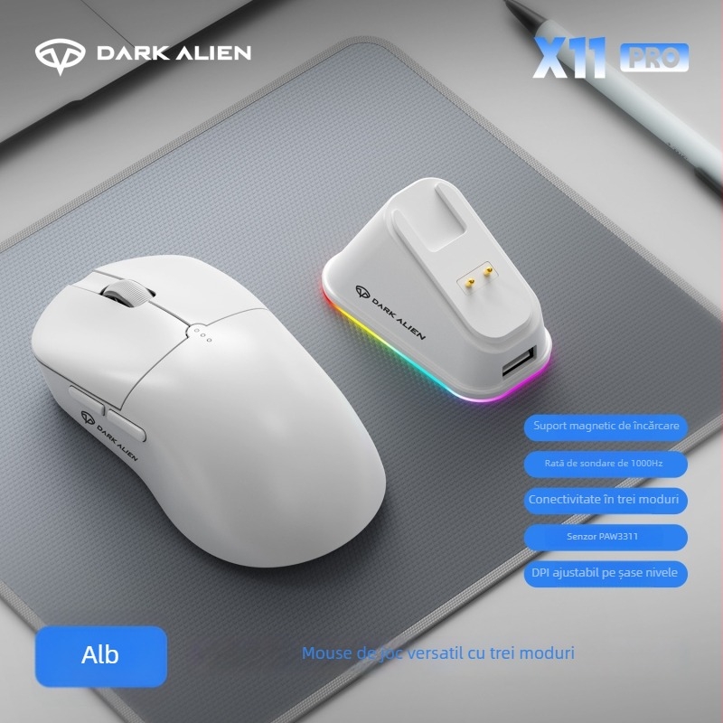 Mouse RGB pentru jocuri cu senzor PAW3311, 5600dpi, conectivitate Bluetooth/USB, rază de 10m, greutate 54g, cablu de încărcare de 1,2m inclus