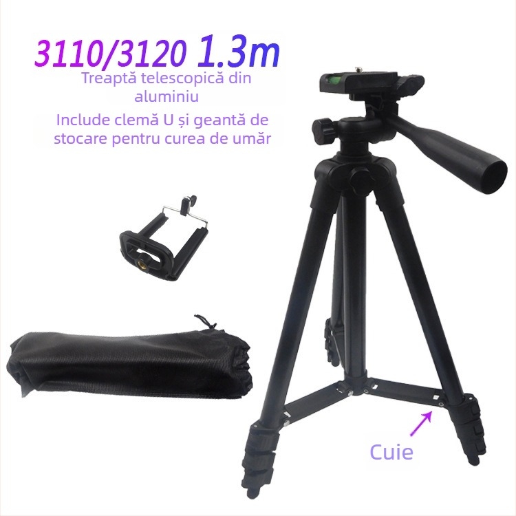 Tripod din aliaj de aluminiu 3110 cu PTZ tridimensional pentru telefon mobil, aparat foto digital și proiector - 4 secțiuni, capacitate de încărcare 3 kg