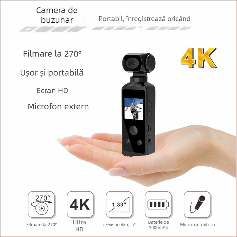 Cameră portabilă 4K rezistentă la apă, stabilizare electronică, obiectiv rotativ la 270°, ecran LCD 1.3-inch, zoom digital 4x, senzor CMOS