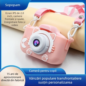 Camera pentru copii cu temă pisică, mini cameră, model ECM-SJ0000D-G2, LCD 2.0, stocare card TF, senzor ≤1 MP, autonomie baterie 1–3 ore
