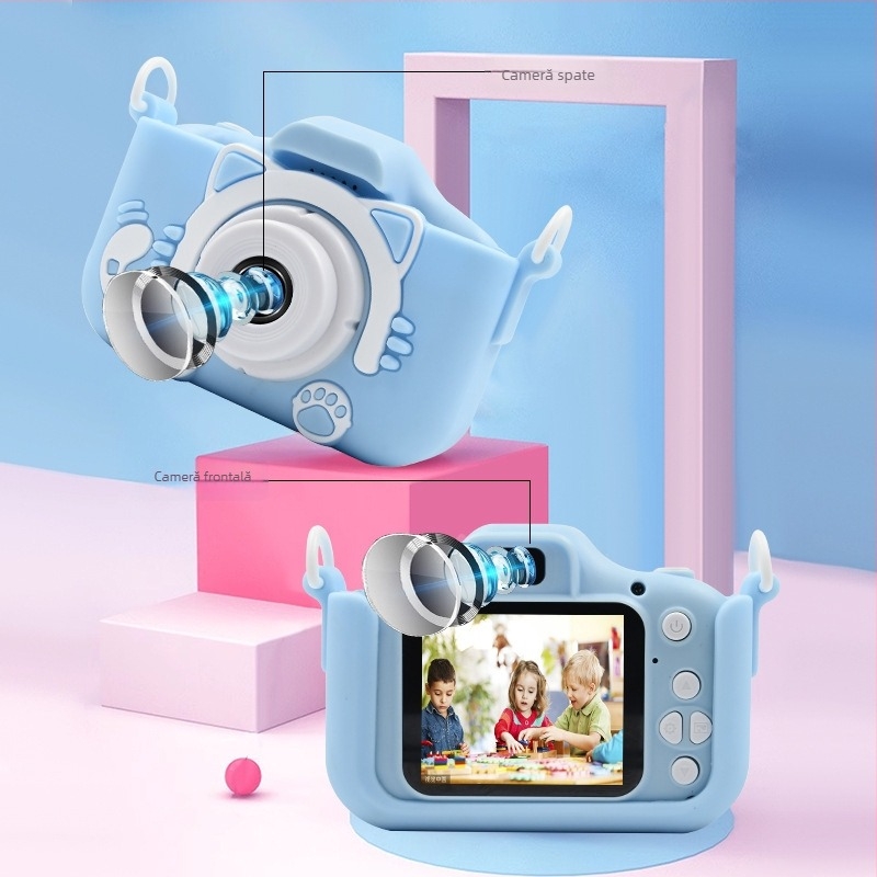 Camera pentru copii cu temă pisică, mini cameră, model ECM-SJ0000D-G2, LCD 2.0, stocare card TF, senzor ≤1 MP, autonomie baterie 1–3 ore