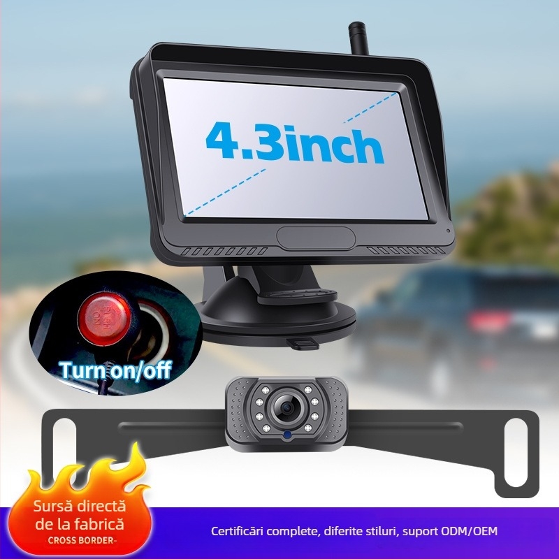 Kit camere auto wireless pentru spate cu cameră pentru plăcuța de înmatriculare — rezoluție 1080P/720P/480P, 12V, unghi de 110°, semnal AV