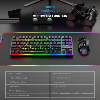 Set tastatură și mouse fără fir, 87 de taste, taste cu senzație mecanică, conexiune USB și iluminare de fundal