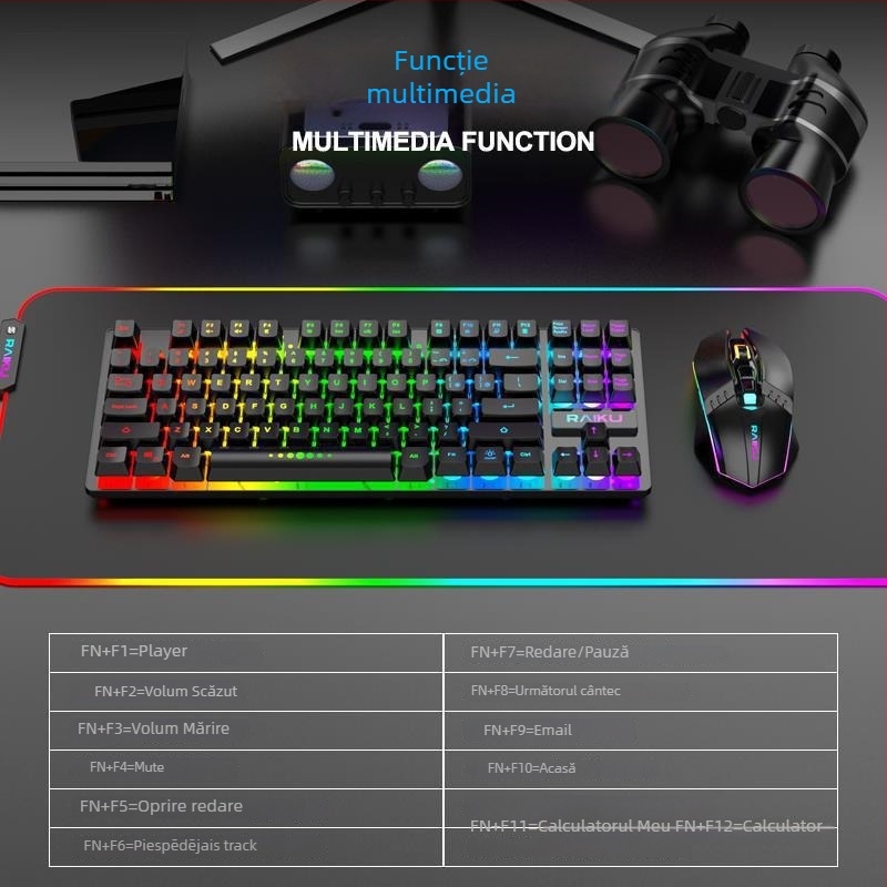 Set tastatură și mouse fără fir, 87 de taste, taste cu senzație mecanică, conexiune USB și iluminare de fundal