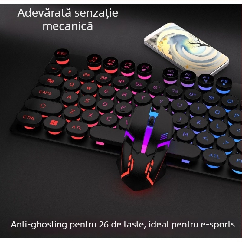 Set tastatură și mouse fără fir, 87 de taste, taste cu senzație mecanică, conexiune USB și iluminare de fundal