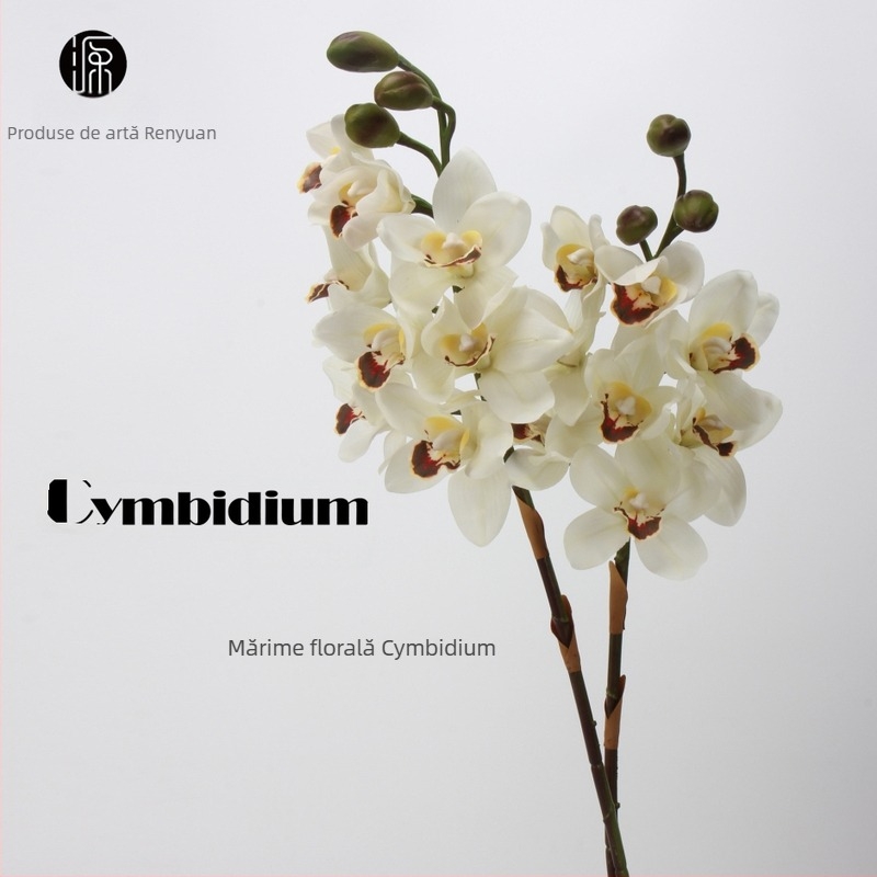 Aranjament din orhidee Cymbidium din mătase - 8 capete și 3 muguri, senzație de hidratare, ambalaj carton