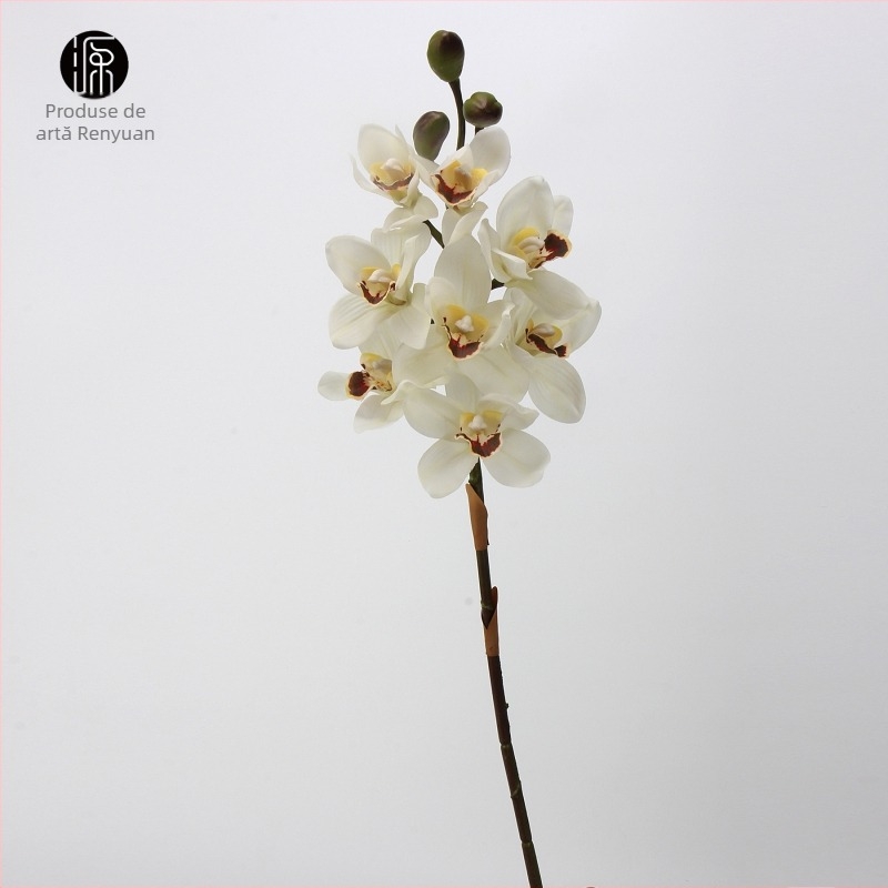 Aranjament din orhidee Cymbidium din mătase - 8 capete și 3 muguri, senzație de hidratare, ambalaj carton