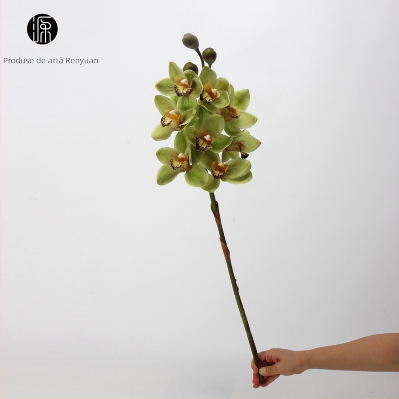 Aranjament din orhidee Cymbidium din mătase - 8 capete și 3 muguri, senzație de hidratare, ambalaj carton