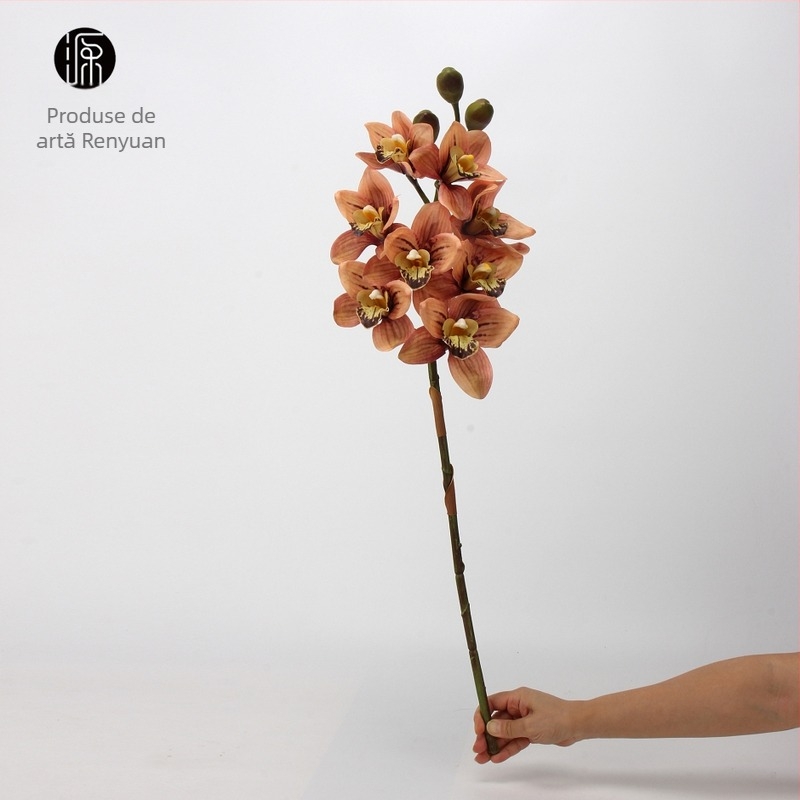 Aranjament din orhidee Cymbidium din mătase - 8 capete și 3 muguri, senzație de hidratare, ambalaj carton