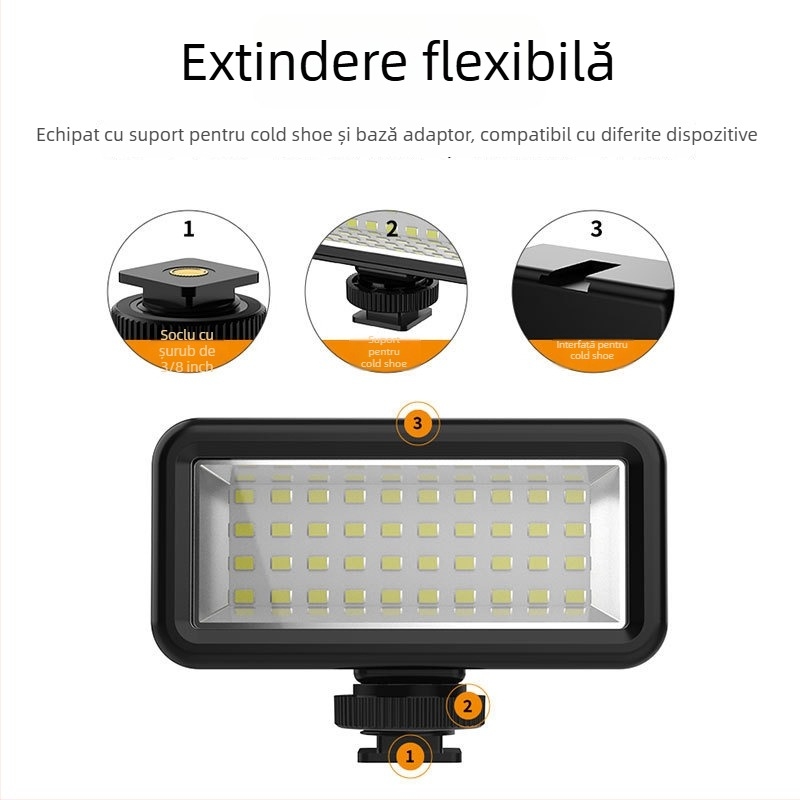 Lumină de fill pentru camere de acțiune, cu suport, RGB, rezistentă la apă până la 40 m, baterie Li încorporată, greutate 120 g, model SL-106