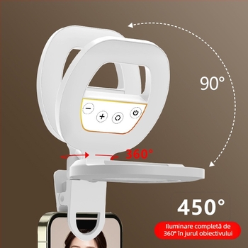 Lumină LED clip-on pentru selfie la telefon – trei temperaturi de culoare, baterie reîncărcabilă 3.7V, putere sub 10W, iluminare portabilă pentru fotografii și videoclipuri live