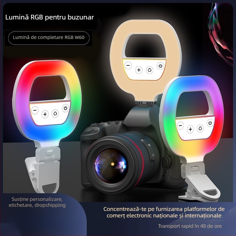 Lumină LED clip-on pentru selfie la telefon – trei temperaturi de culoare, baterie reîncărcabilă 3.7V, putere sub 10W, iluminare portabilă pentru fotografii și videoclipuri live