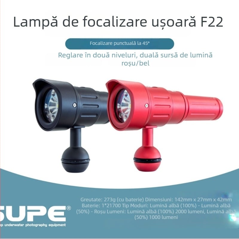 SCUBALAMP F22 Iluminat de scufundare din aliaj de aluminiu — Lumină de focalizare ușoară, rază de 45° pentru fotografie, Brand SUPE, Personalizare procesare, Etichetă privată licențiată