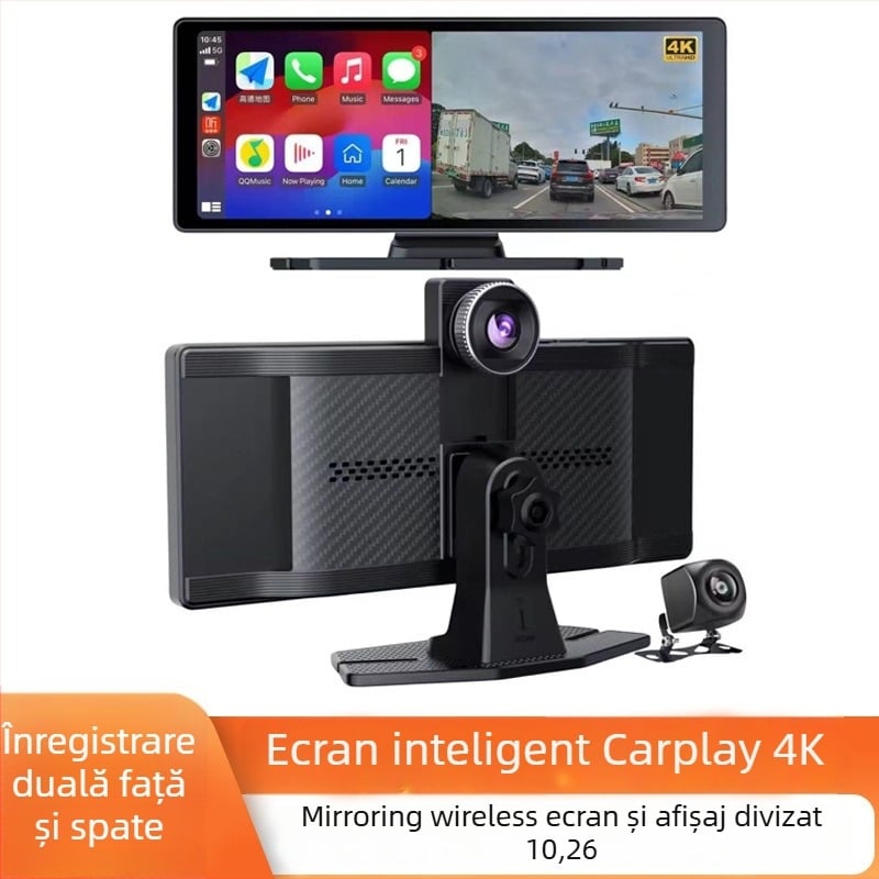 Camera CarPlay pentru mașină cu înregistrare duală 4K față-spate, montaj în consola centrală, unghi de vizualizare 140°, 2160P rezoluție, WiFi