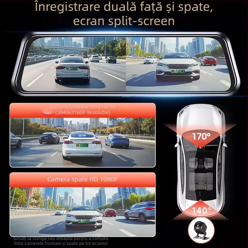 Aparat de înregistrare auto cu lentile duale, față și spate, 2160p, 5MP, 256GB, Wi-Fi