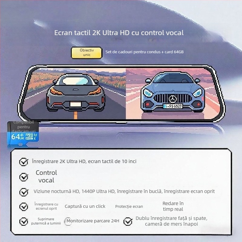 Aparat de înregistrare auto cu lentile duale, față și spate, 2160p, 5MP, 256GB, Wi-Fi