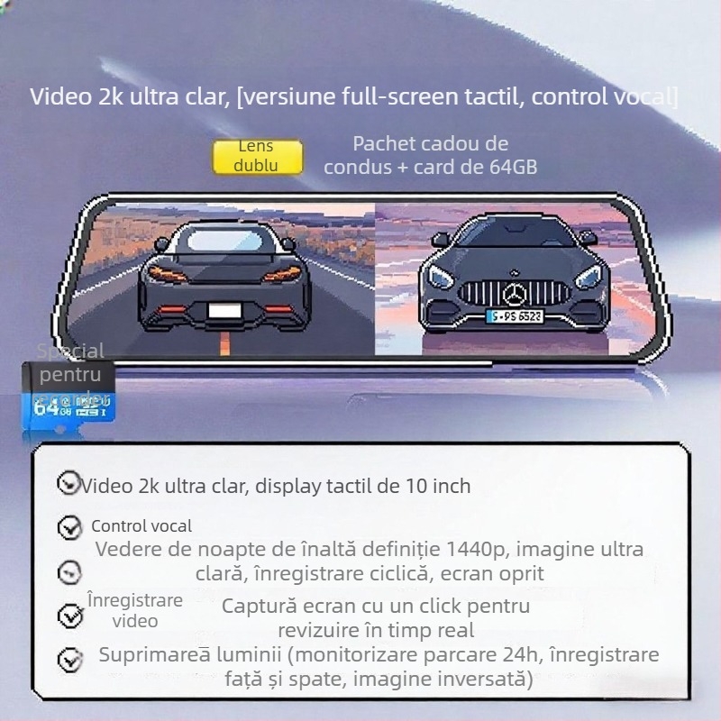 Aparat de înregistrare auto cu lentile duale, față și spate, 2160p, 5MP, 256GB, Wi-Fi