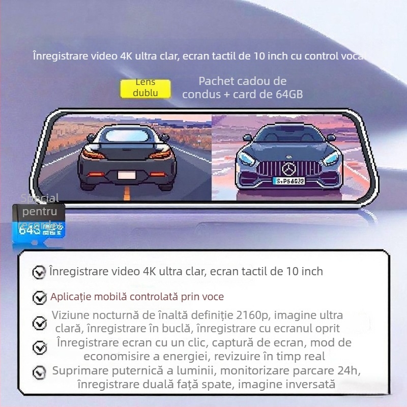 Aparat de înregistrare auto cu lentile duale, față și spate, 2160p, 5MP, 256GB, Wi-Fi