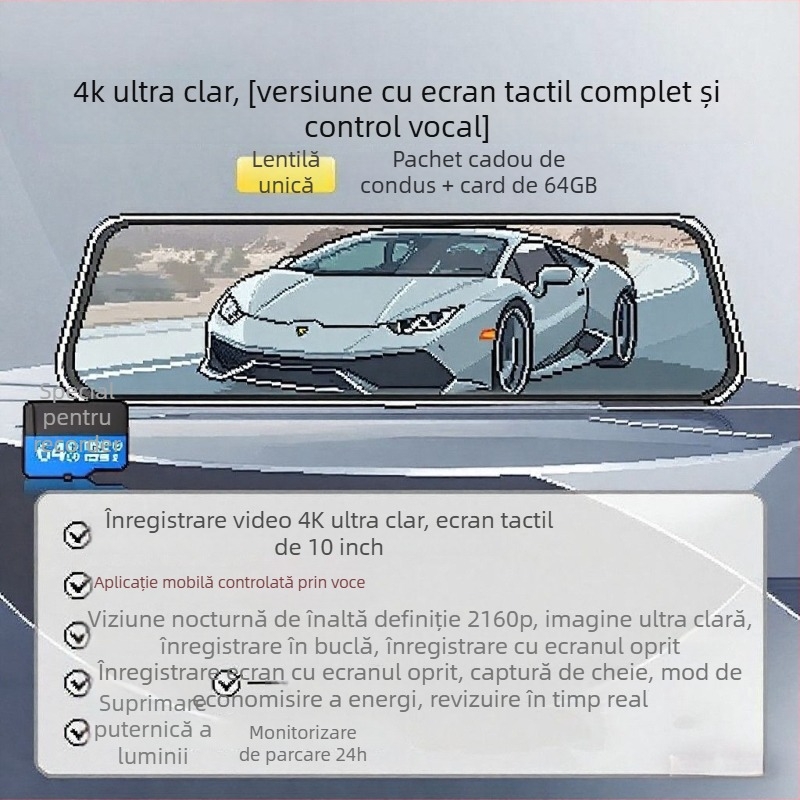 Aparat de înregistrare auto cu lentile duale, față și spate, 2160p, 5MP, 256GB, Wi-Fi