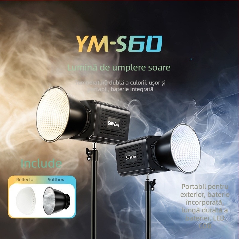 YM-S60 Lumină COB LED pentru exterior – iluminare portabilă pentru fotografie și streaming live, cu baterie încorporată, 60W