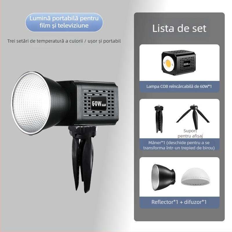 YM-S60 Lumină COB LED pentru exterior – iluminare portabilă pentru fotografie și streaming live, cu baterie încorporată, 60W