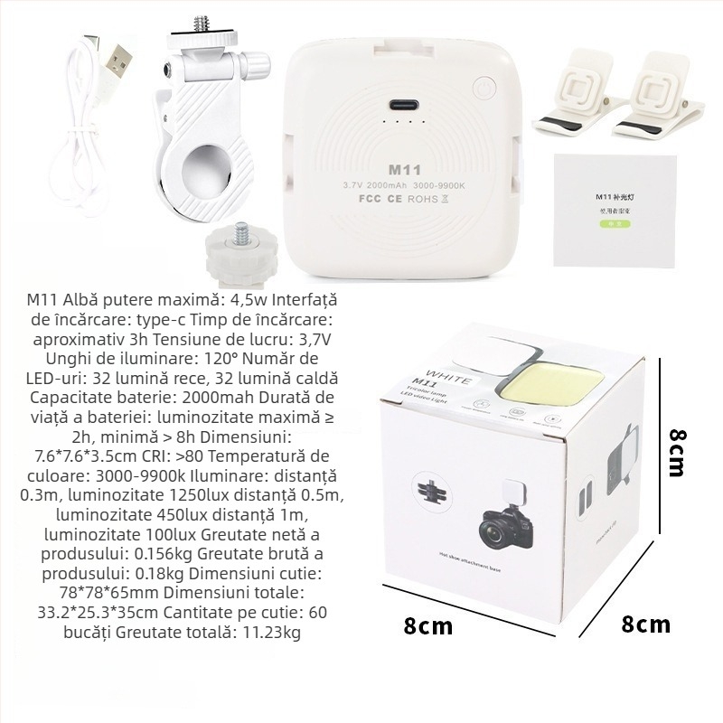 Lumină de umplere mini M11 – Iluminare portabilă pentru fotografiere cu telefonul (Model: M11; Putere: <10W; Tensiune: 5V; Mod de utilizare: Manual)