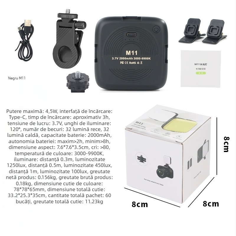 Lumină de umplere mini M11 – Iluminare portabilă pentru fotografiere cu telefonul (Model: M11; Putere: <10W; Tensiune: 5V; Mod de utilizare: Manual)