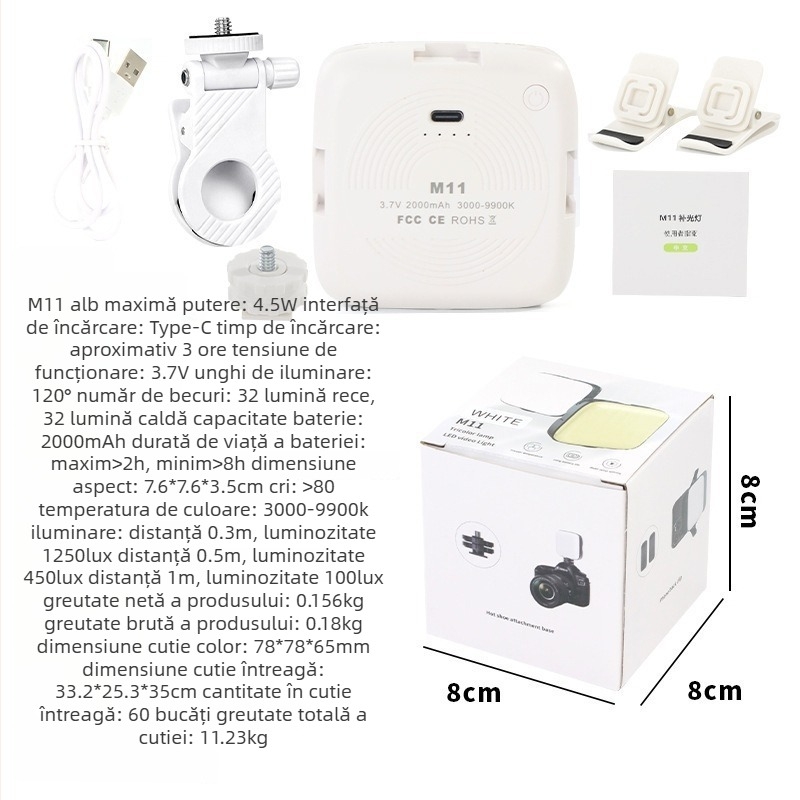 Lumină de umplere mini M11 – Iluminare portabilă pentru fotografiere cu telefonul (Model: M11; Putere: <10W; Tensiune: 5V; Mod de utilizare: Manual)