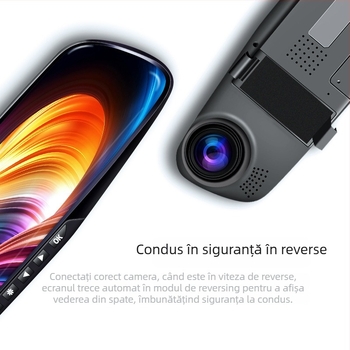 Dash Cam oglindă auto cu obiective duale (față–spate), 720p, unghi 140°, înregistrare în buclă, USB, montaj pe oglindă, imagine de recul, monitorizare parcare