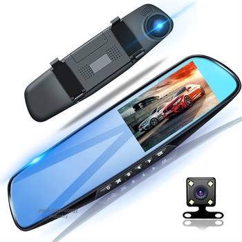 Dash Cam oglindă auto cu obiective duale (față–spate), 720p, unghi 140°, înregistrare în buclă, USB, montaj pe oglindă, imagine de recul, monitorizare parcare