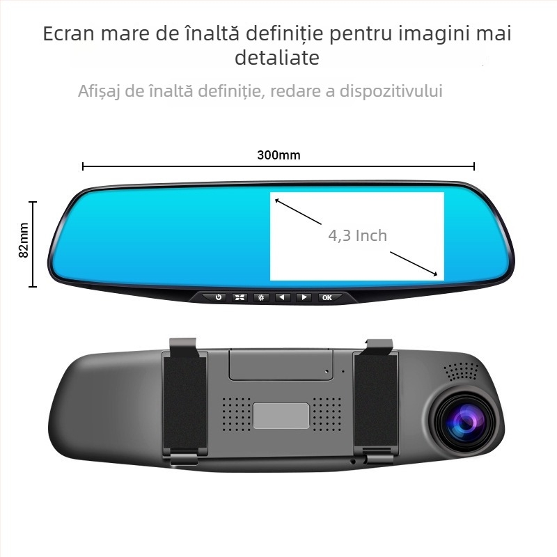 Dash Cam oglindă auto cu obiective duale (față–spate), 720p, unghi 140°, înregistrare în buclă, USB, montaj pe oglindă, imagine de recul, monitorizare parcare