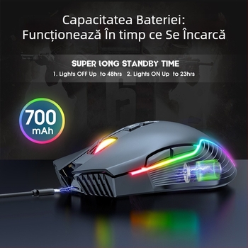 ONIKUMA mouse optic de joc wireless, 7 butoane, 2.4G, încărcare USB, iluminare RGB, compatibil PC