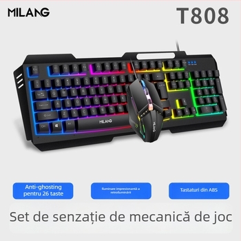 Set tastatură și mouse cu cablu, carcasa metalică și iluminare RGB, senzor optic 1200dpi, cablu de 1,4 m, design ergonomic, imprimare siglă disponibilă