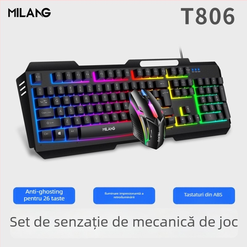 Set tastatură și mouse cu cablu, carcasa metalică și iluminare RGB, senzor optic 1200dpi, cablu de 1,4 m, design ergonomic, imprimare siglă disponibilă