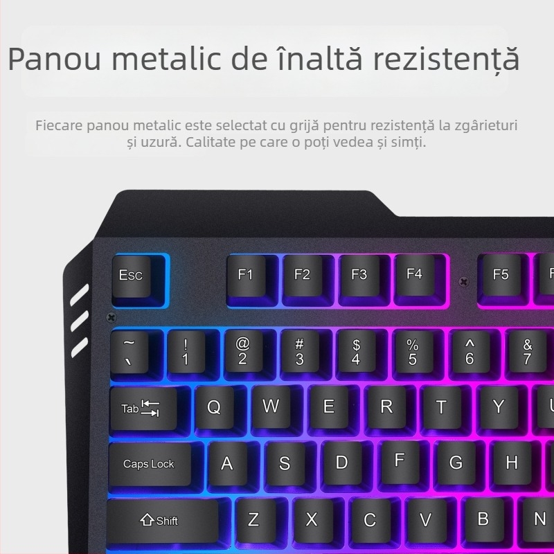 Set tastatură și mouse cu cablu, carcasa metalică și iluminare RGB, senzor optic 1200dpi, cablu de 1,4 m, design ergonomic, imprimare siglă disponibilă