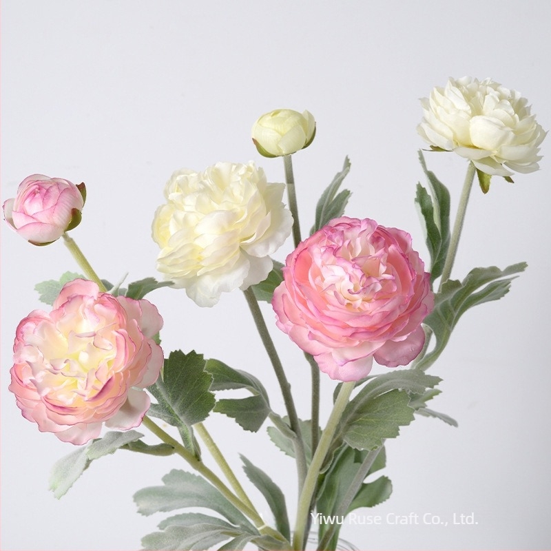 Buchet artificial de bujori, 3 capete, finisaj catifelat, din plastic, decor pentru sufragerie