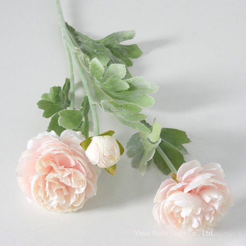 Buchet artificial de bujori, 3 capete, finisaj catifelat, din plastic, decor pentru sufragerie