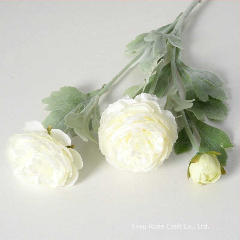 Buchet artificial de bujori, 3 capete, finisaj catifelat, din plastic, decor pentru sufragerie