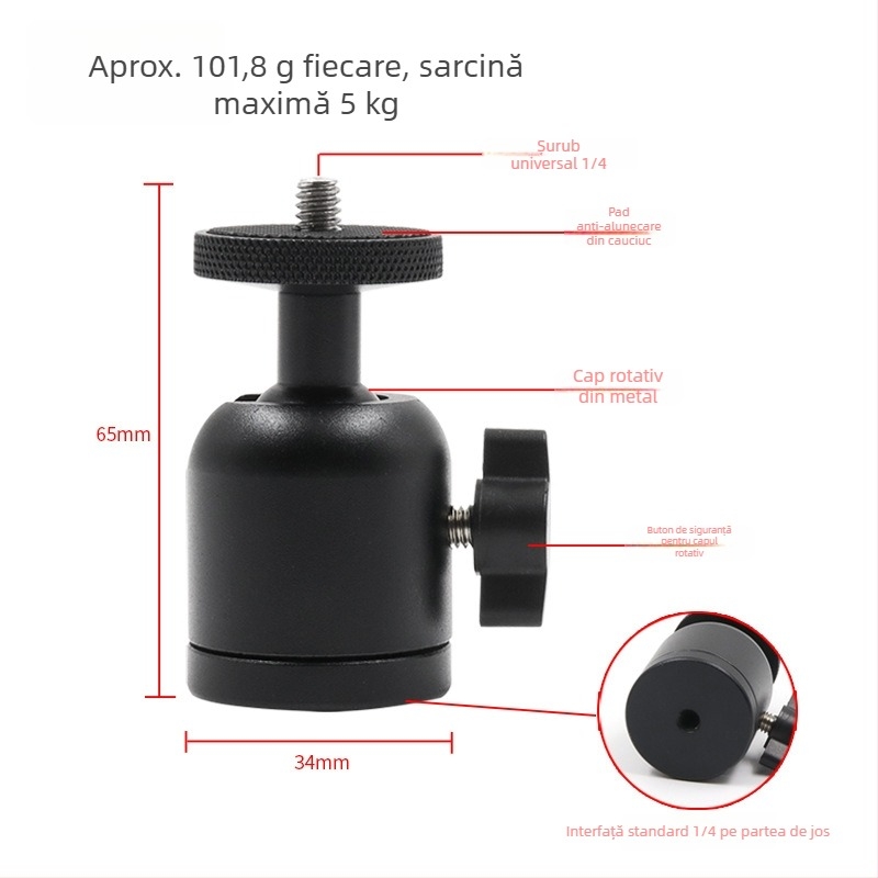 Trepied mic cu cap balon, construcție metalică, șurub de 1/4 inch, pentru telefon și cameră, greutate aproximativă 101,8 g.