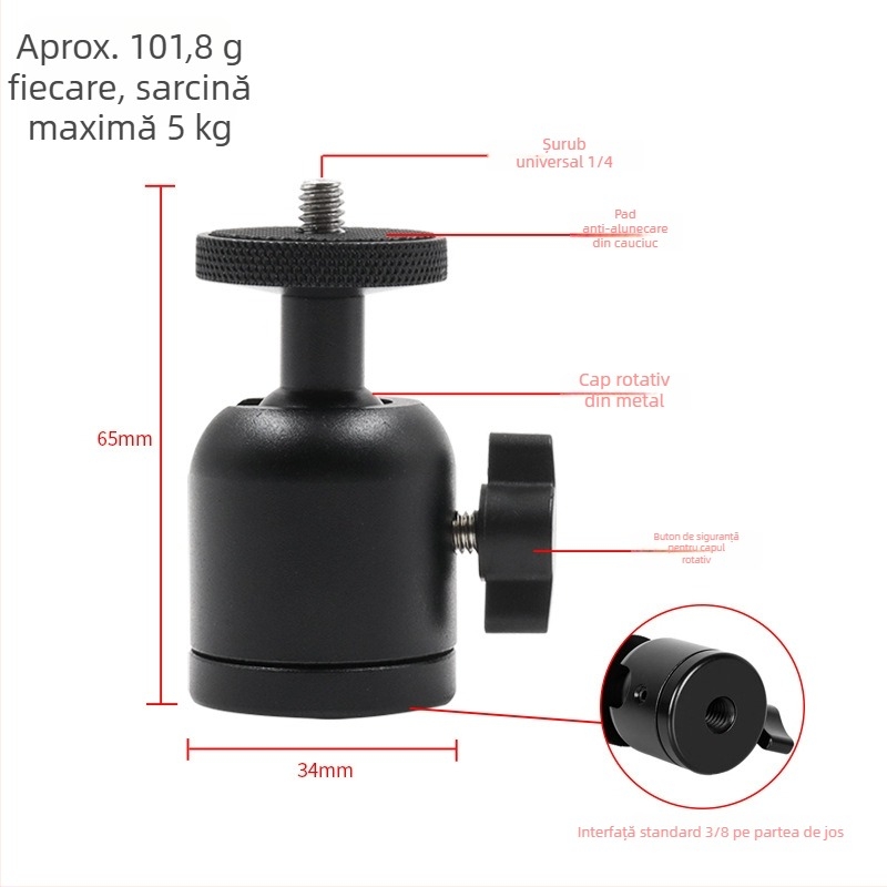 Trepied mic cu cap balon, construcție metalică, șurub de 1/4 inch, pentru telefon și cameră, greutate aproximativă 101,8 g.