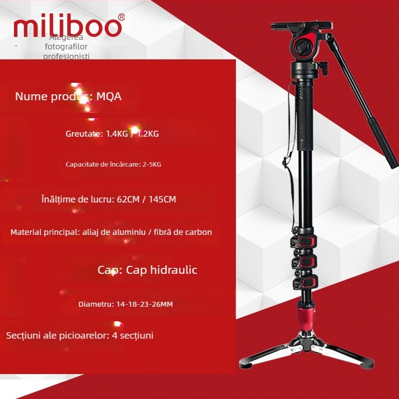Monopod Mibo MQA pentru DSLR cu cap hidraulic, 4 secțiuni din aliaj de aluminiu, încărcare 2–5 kg, Placă de eliberare rapidă inclusă