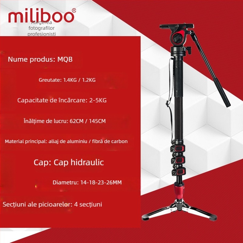 Monopod Mibo MQA pentru DSLR cu cap hidraulic, 4 secțiuni din aliaj de aluminiu, încărcare 2–5 kg, Placă de eliberare rapidă inclusă